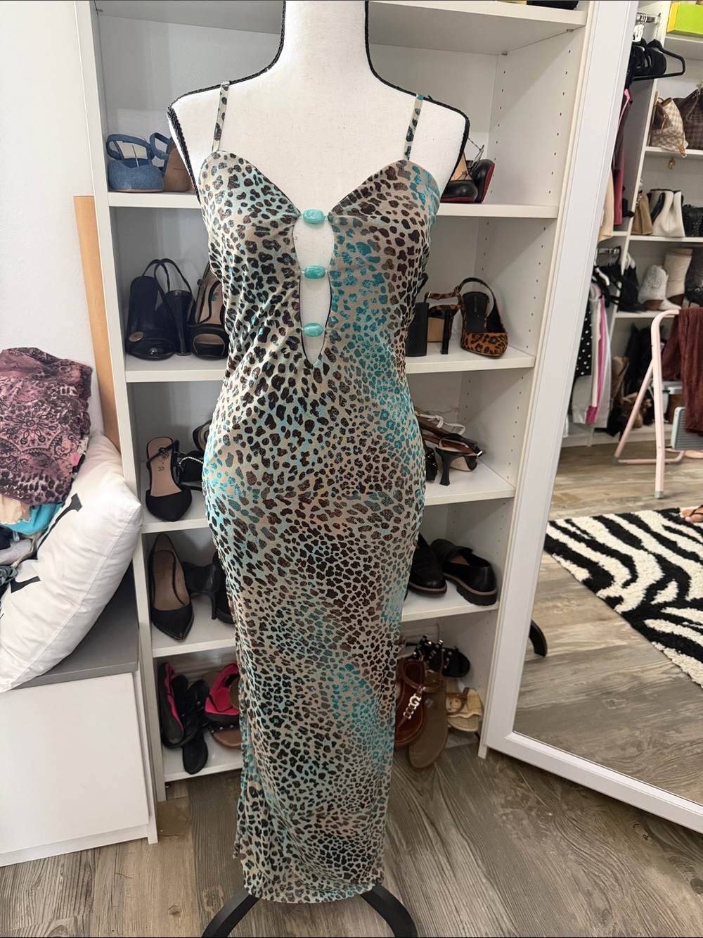 Leopard Print Maxi Dress with Turquoise Accents